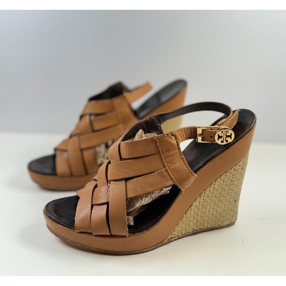 Tory Burch Tan Leather Woven Wedge Sandals